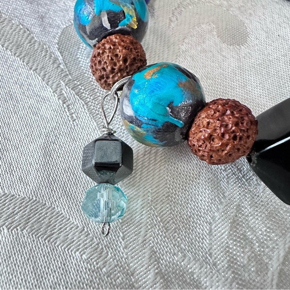 Artisan Blue and Brown Statement Bracelet with hand painted beads 4344 - Picture 4 of 6